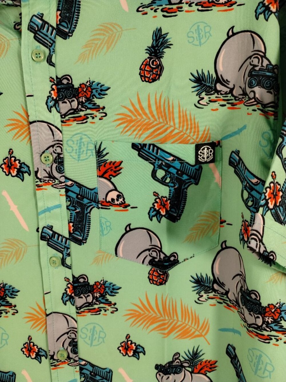 Nine Line x Sheepdog Response Hippo Hawaiian Shirt Green Size XL - Picture 10 of 10